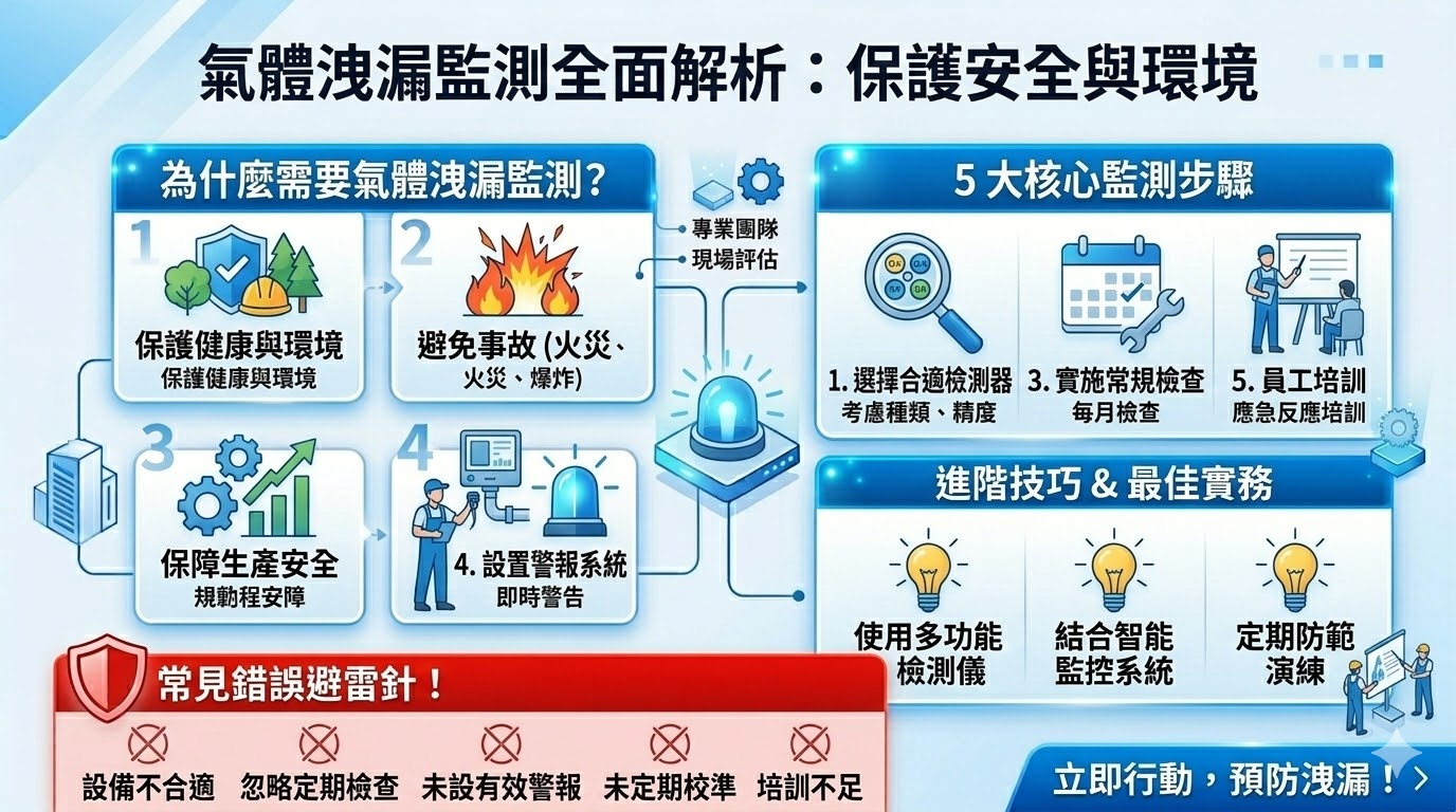 氣體洩漏監測是一項關鍵技術，能夠及時檢測並警告有害氣體的洩漏，防止火災、爆炸或中毒等安全事故的發生。此技術廣泛應用於化工廠、實驗室及能源設施等高風險場所，保護人員安全和環境免受危害。透過先進的傳感器和監控系統，氣體洩漏監測能有效提高企業的安全性，確保生產過程中的氣體危險得到及時處理。
